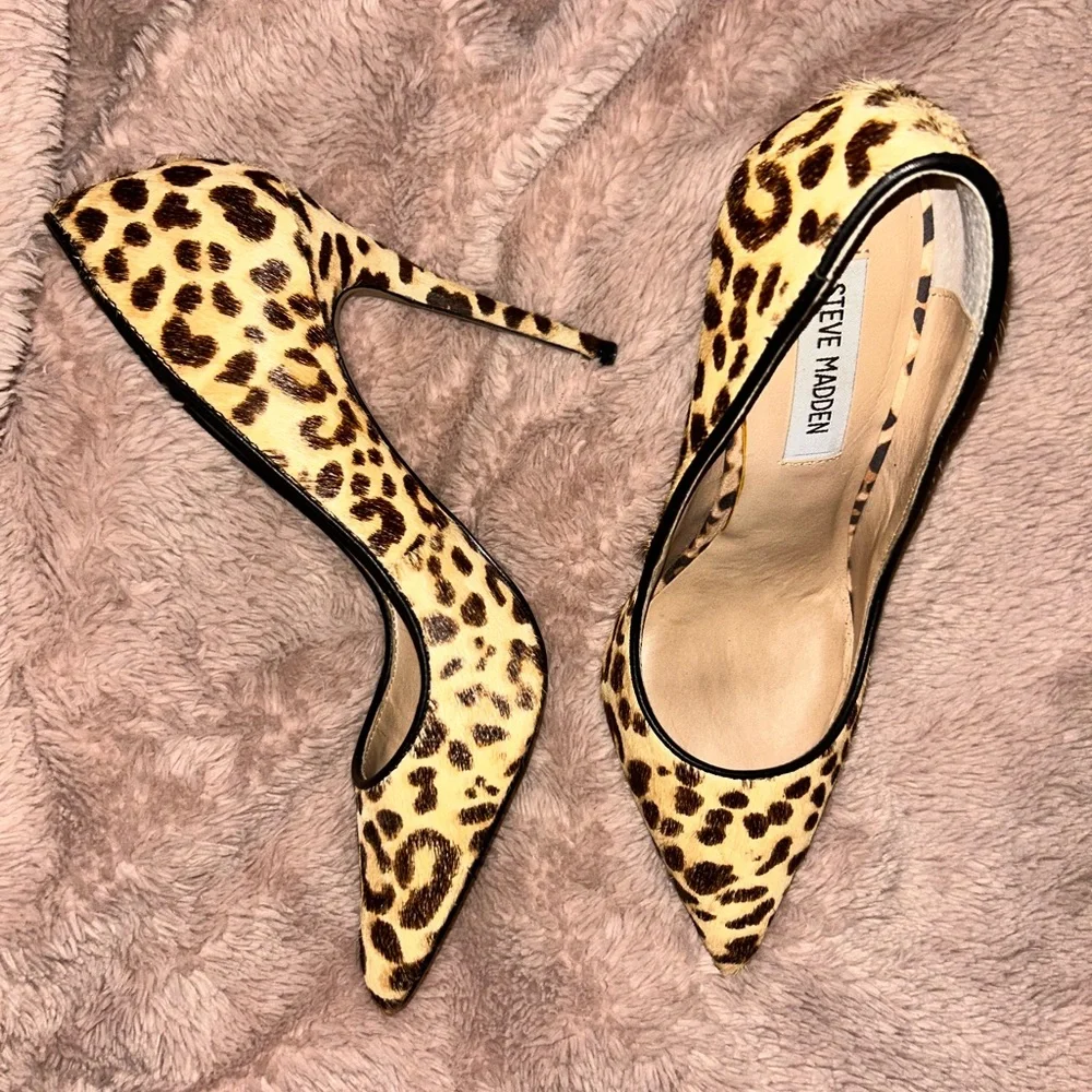 Steve Madden Daisie Leopard Print Leather Calf Fur Womens High Heels Size 7.5 - Picture 4 of 8